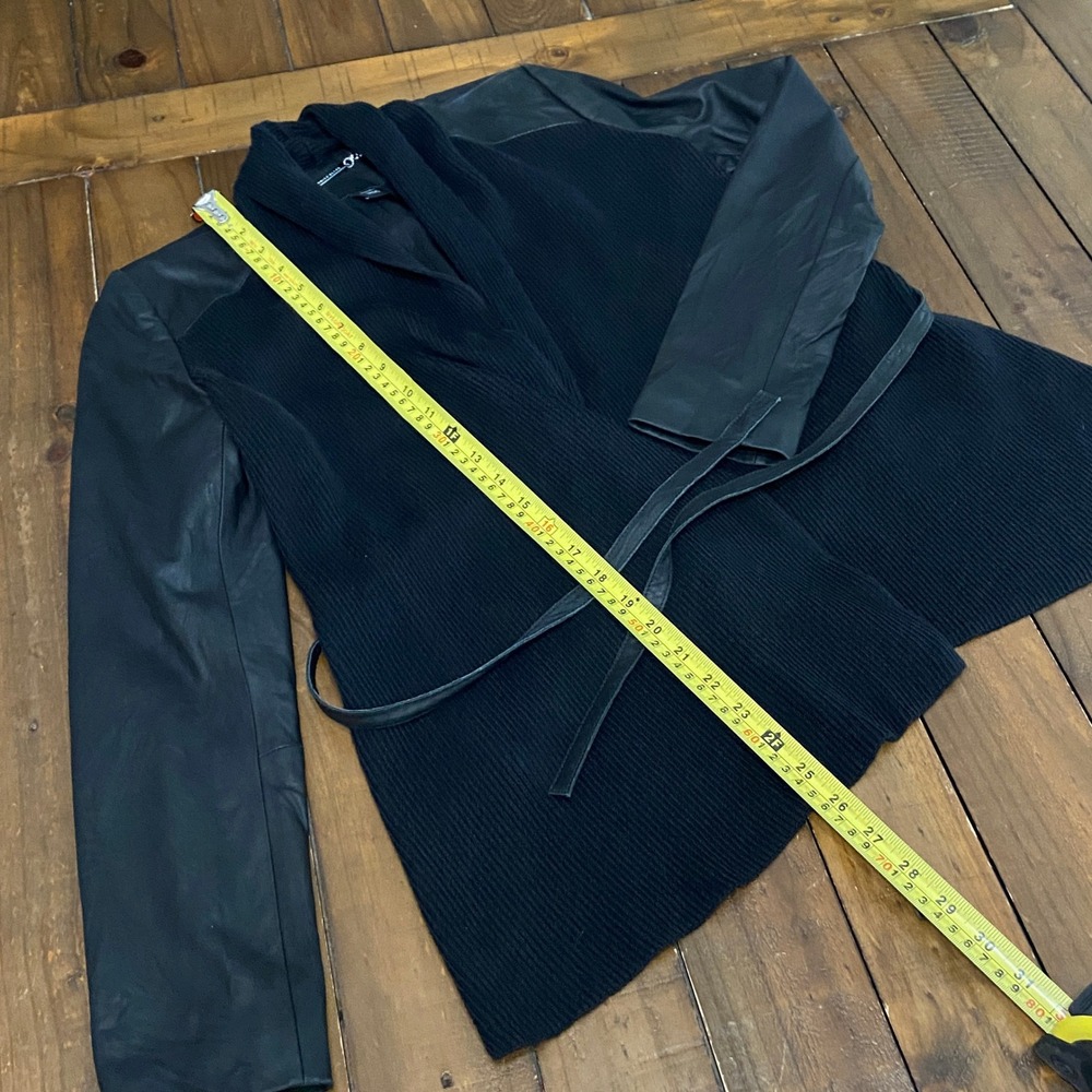 White House Black Market Leather Mixed Media Ribbed Knit Wrap Cardigan XXS Black - Picture 5 of 7